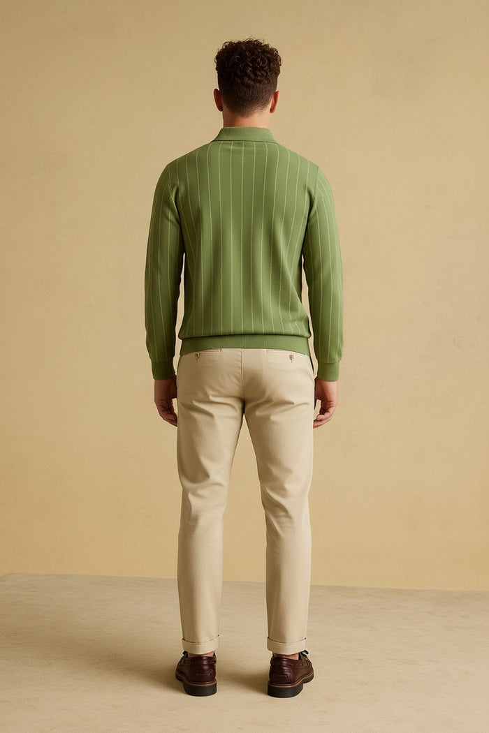 Men Oil Green Striped Polo Collar T-shirt