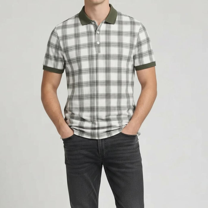 Men Olive Checked Polo Collar T-shirt