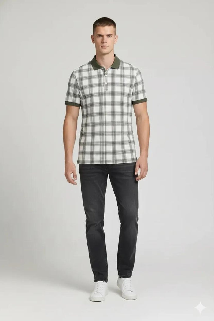 Men Olive Checked Polo Collar T-shirt