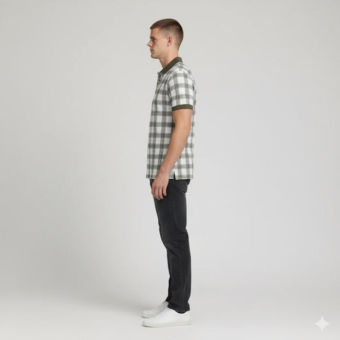 Men Olive Checked Polo Collar T-shirt
