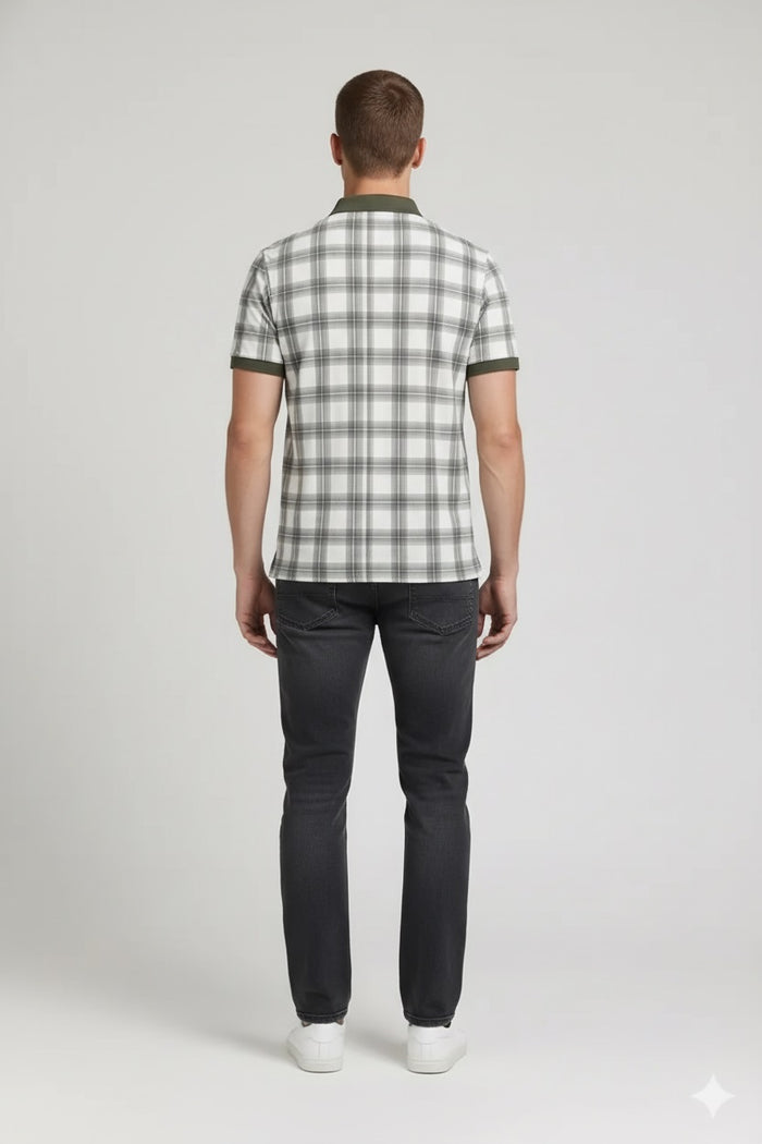 Men Olive Checked Polo Collar T-shirt