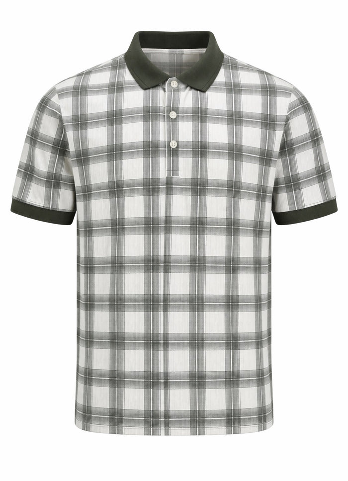 Men Olive Checked Polo Collar T-shirt