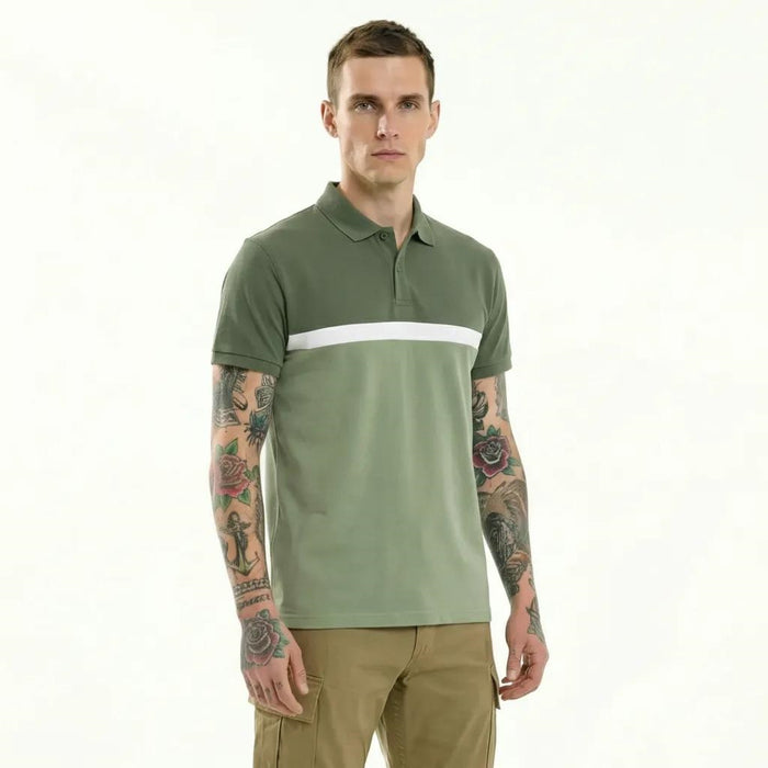 Men Olive Colourblocked Polo Collar T-shirt