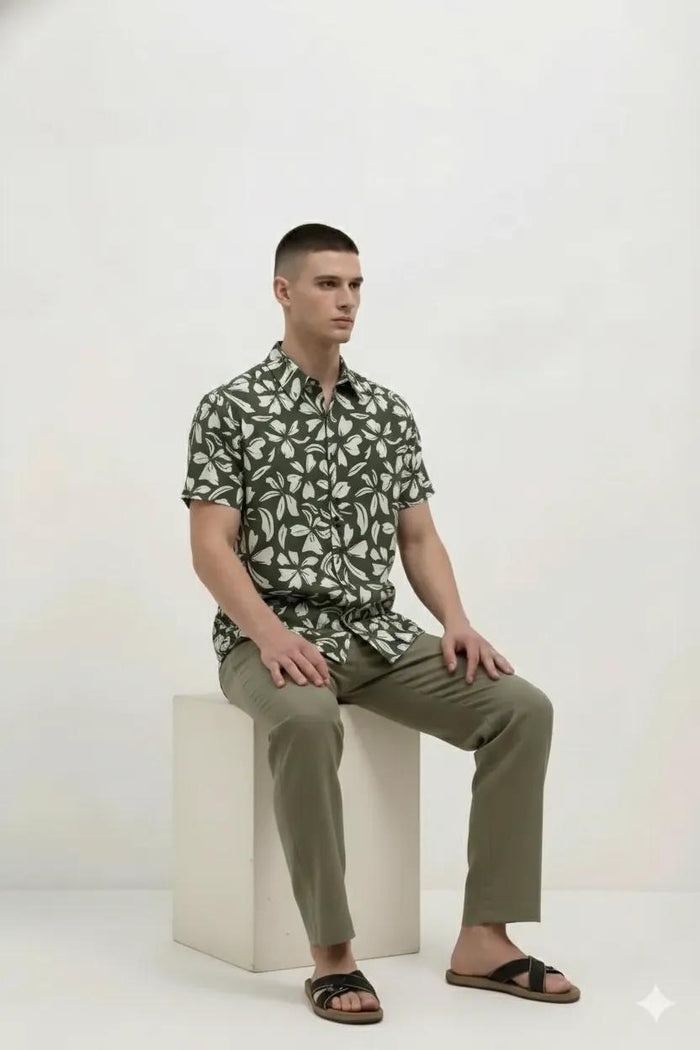 Men Olive Floral Printed Polo Collar Shirt