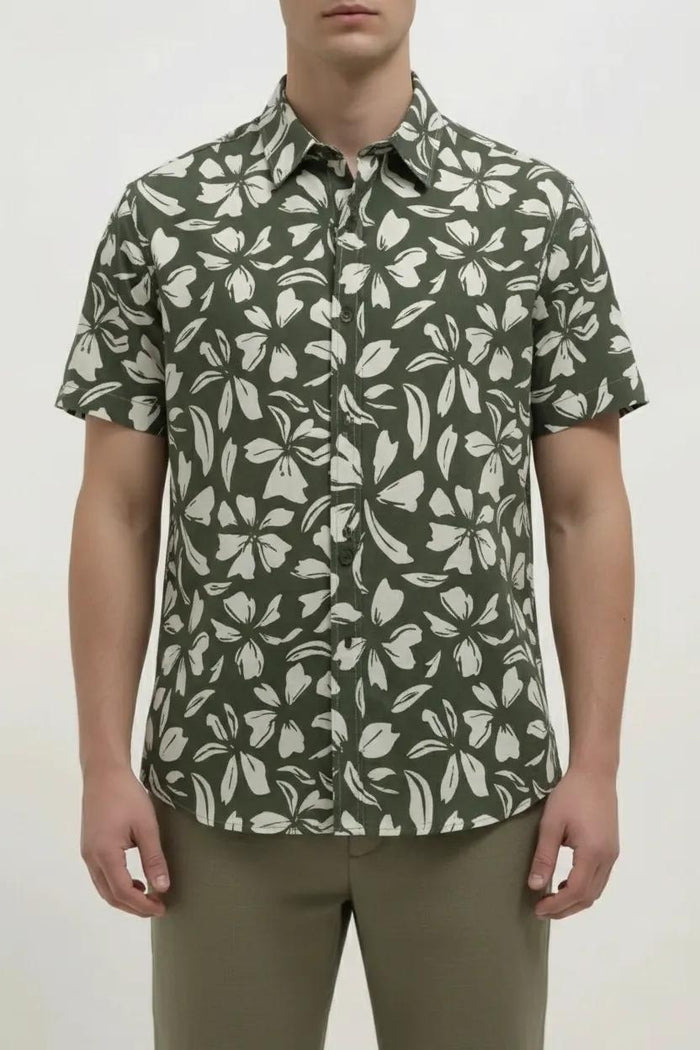 Men Olive Floral Printed Polo Collar Shirt