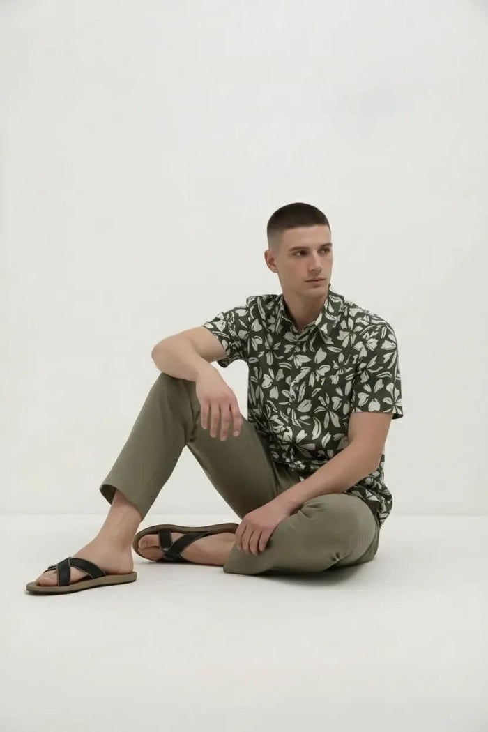 Men Olive Floral Printed Polo Collar Shirt