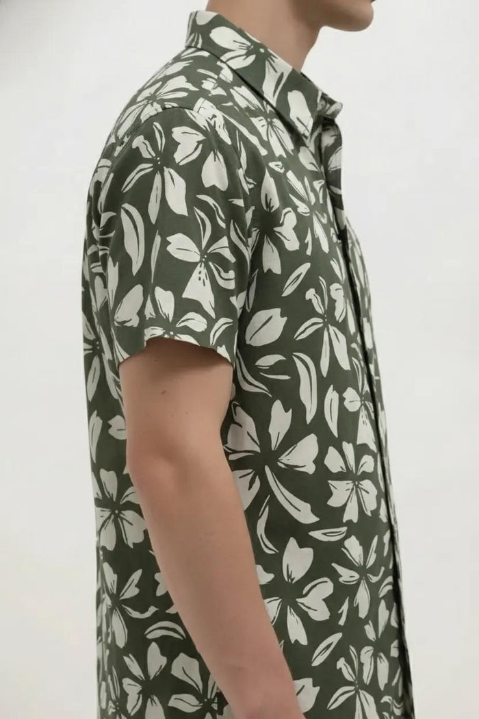 Men Olive Floral Printed Polo Collar Shirt