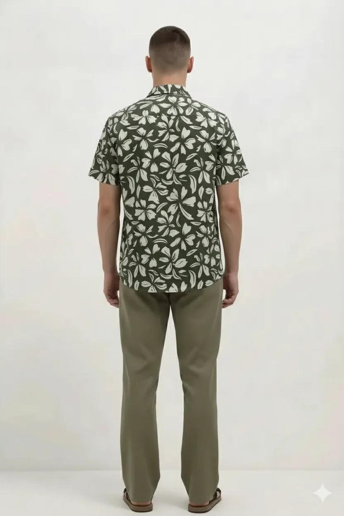 Men Olive Floral Printed Polo Collar Shirt