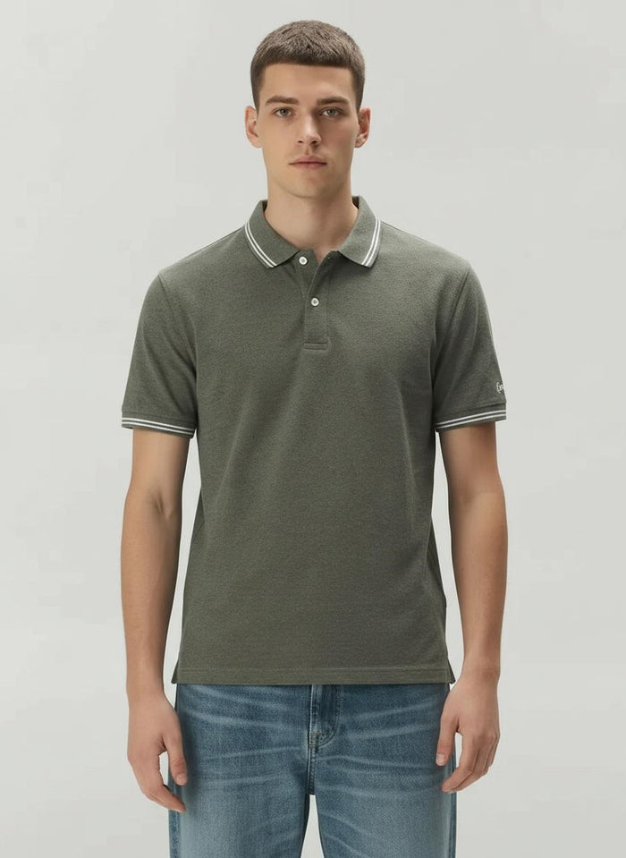 Men Olive Melange Polo Collar T-shirt