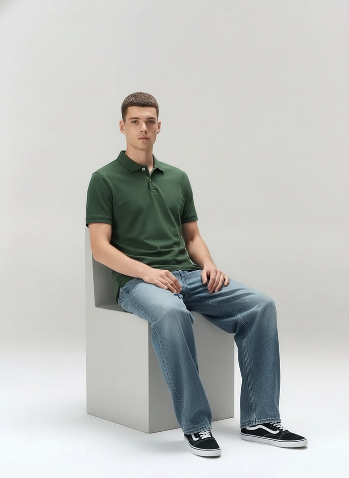 Men Olive Polo Collar Solid T-shirt