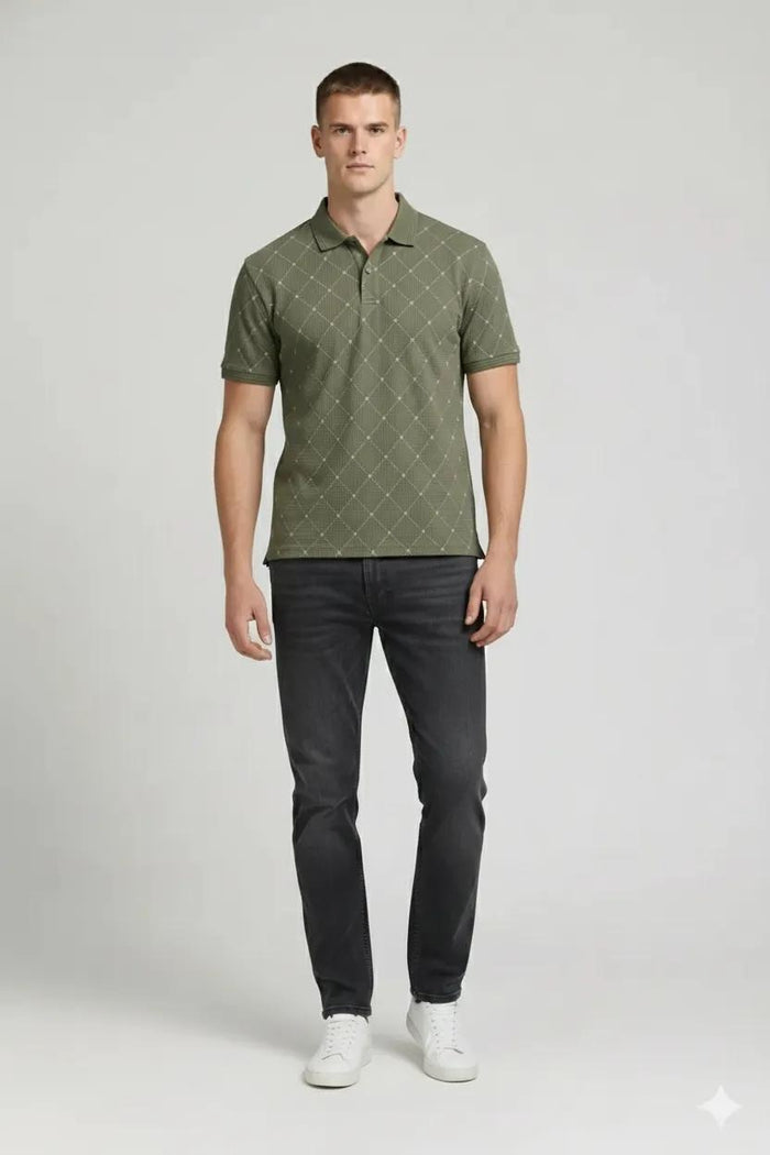 Men Olive Polo Collar T-shirt
