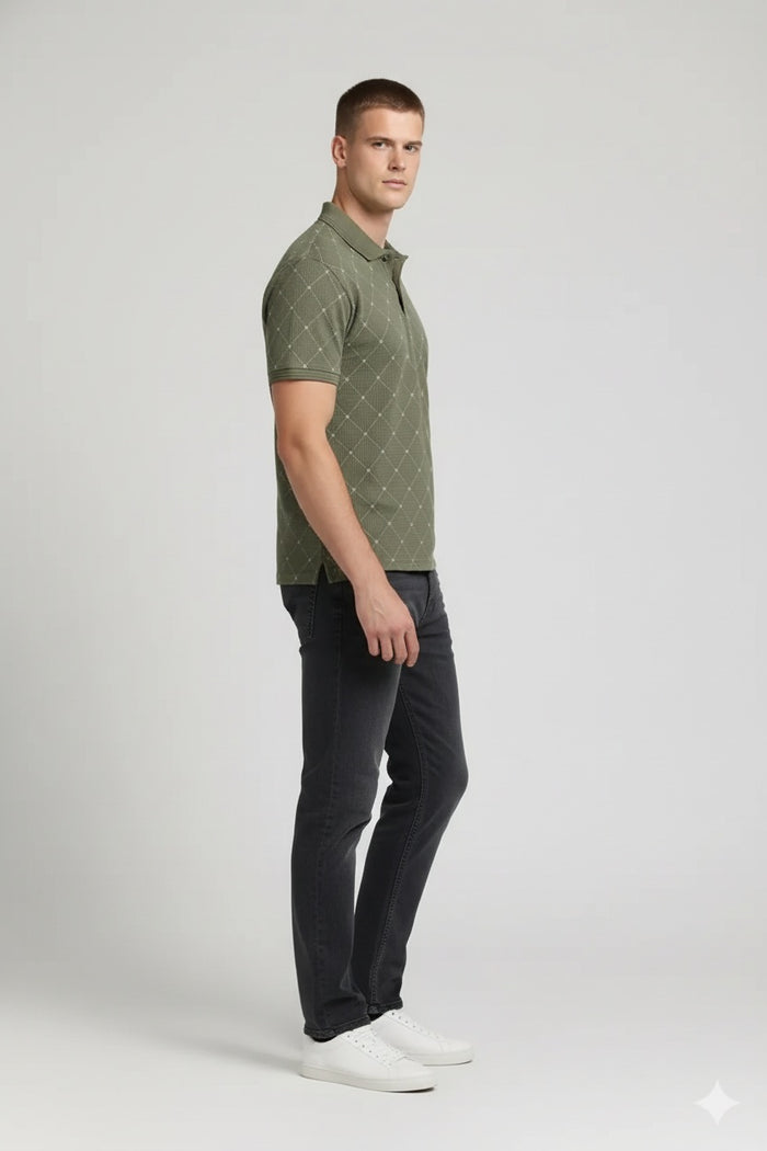 Men Olive Polo Collar T-shirt