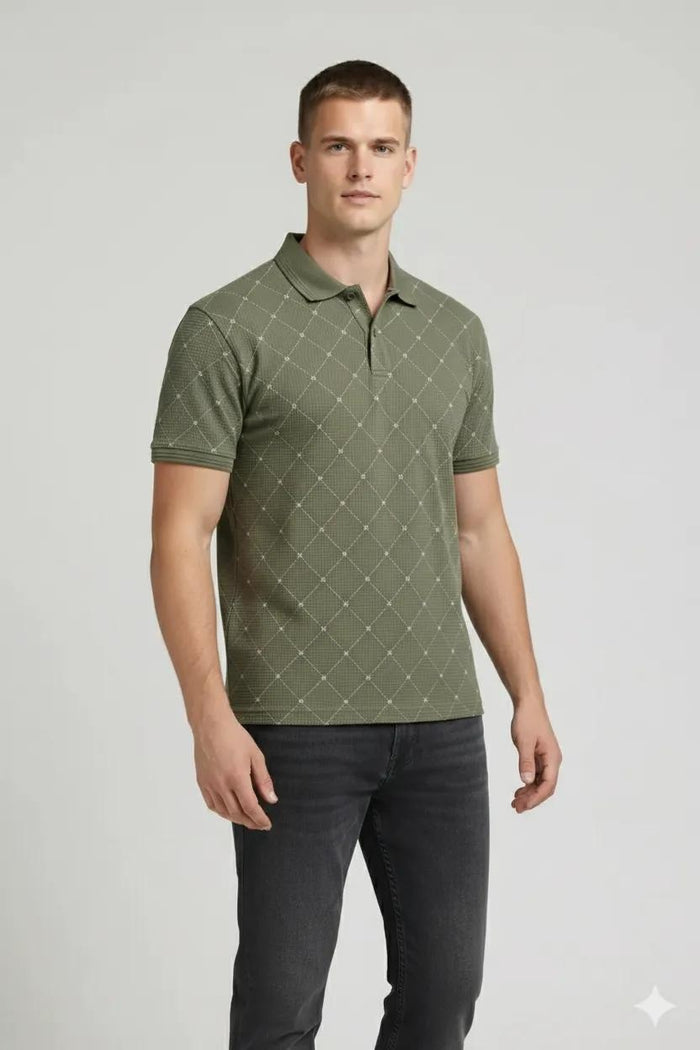 Men Olive Polo Collar T-shirt