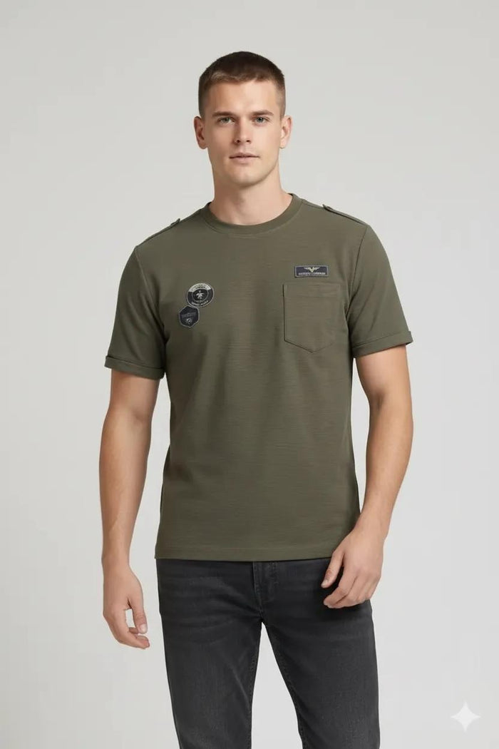 Men Olive Printed Round Neck  T-shirt