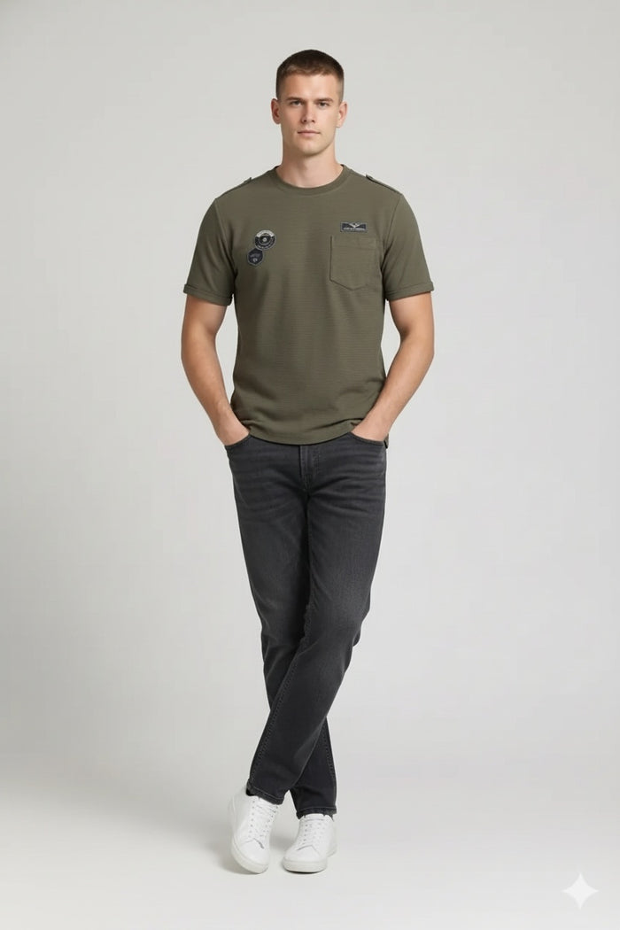 Men Olive Printed Round Neck  T-shirt