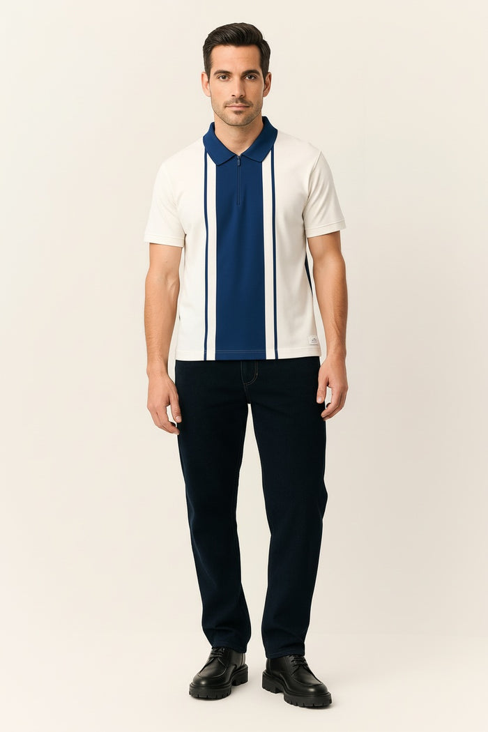Men Oxford Blue Colourblocked Polo Collar T-shirt