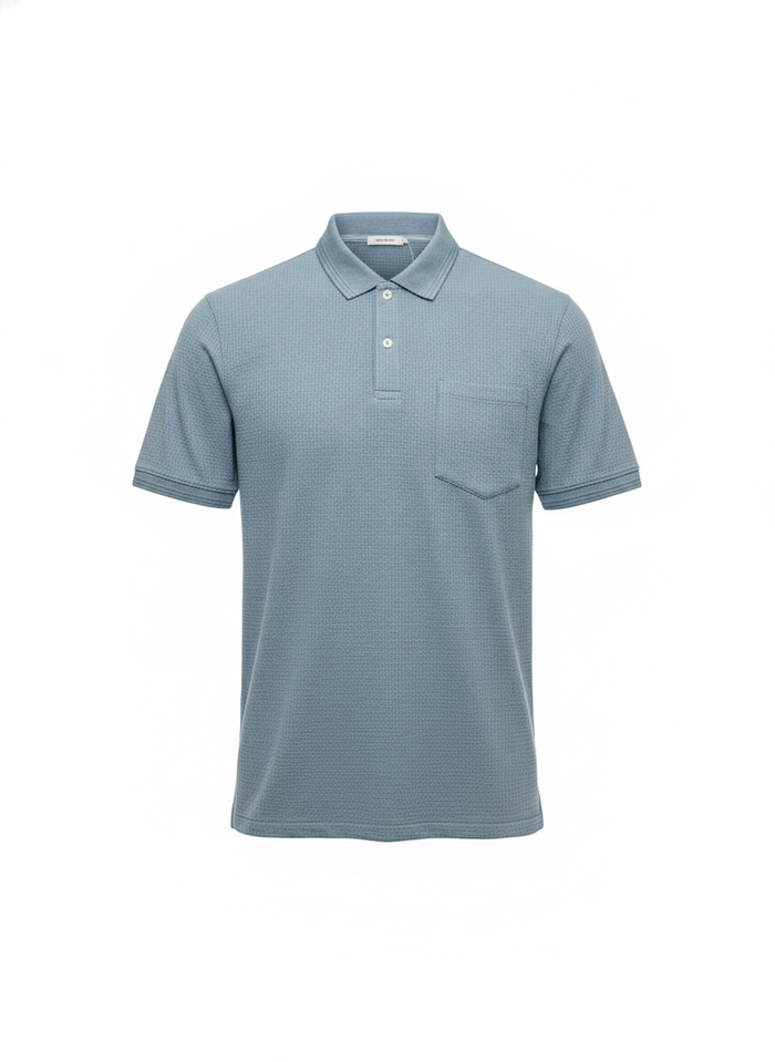 Men Oxford Blue Polo Collar Pockets T-shirt