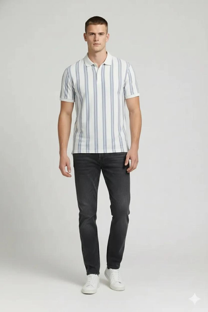 Men Oxford Blue Striped Polo Collar T-shirt