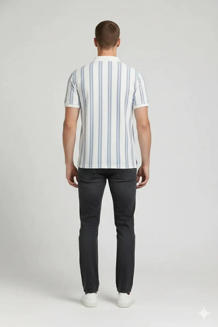 Men Oxford Blue Striped Polo Collar T-shirt