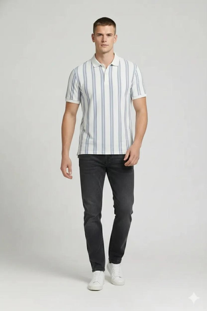 Men Oxford Blue Striped Polo Collar T-shirt