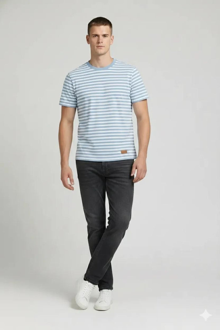Men Oxford Blue Striped Round Neck T-shirt