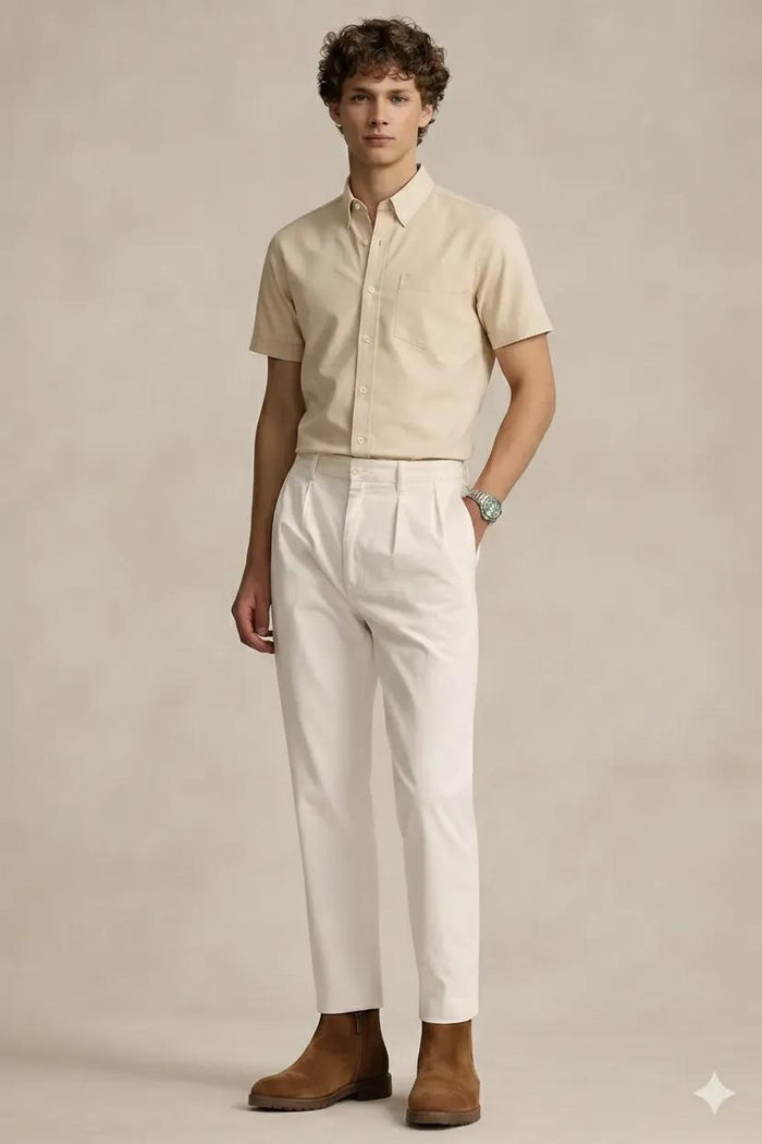 Men Peach Polo Neck Solid Casual Shirt