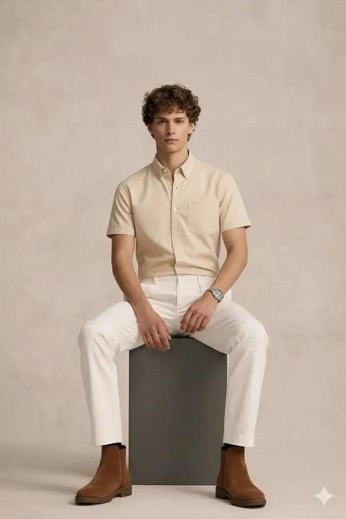 Men Peach Polo Neck Solid Casual Shirt