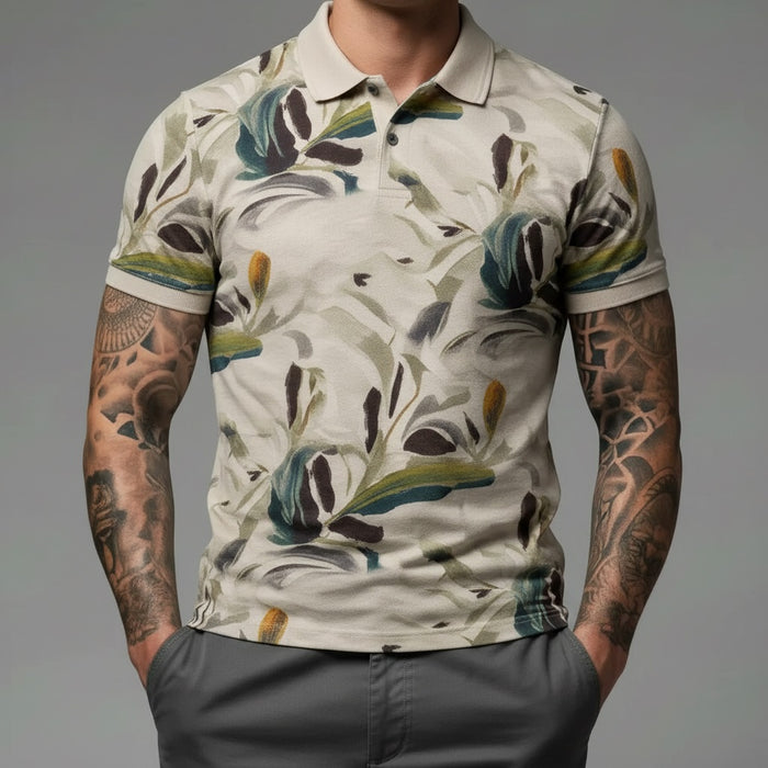 Men Pristine Floral Printed Polo Collar Tropical T-shirt