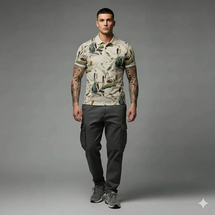 Men Pristine Floral Printed Polo Collar Tropical T-shirt