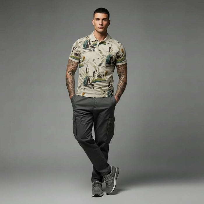 Men Pristine Floral Printed Polo Collar Tropical T-shirt