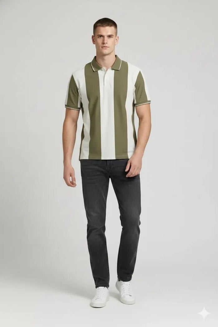 Men Safari Striped Polo Collar T-shirt
