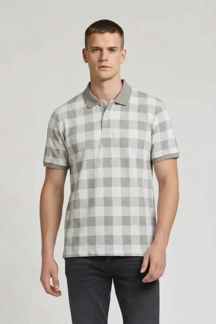 Men Sage Checked Polo Collar T-shirt