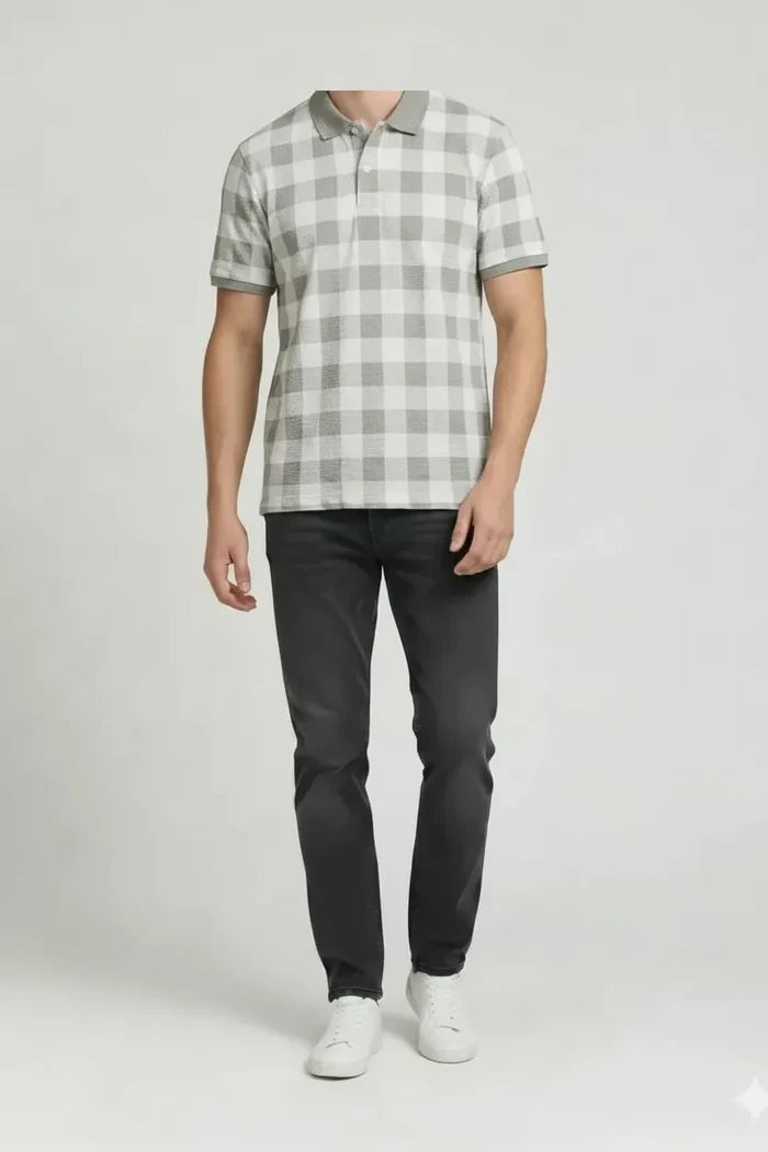 Men Sage Checked Polo Collar T-shirt