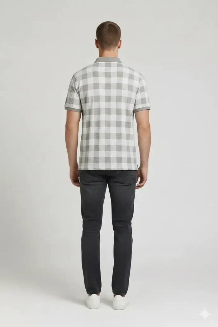 Men Sage Checked Polo Collar T-shirt