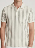 Men Sage Striped Polo Collar Pockets T-shirt