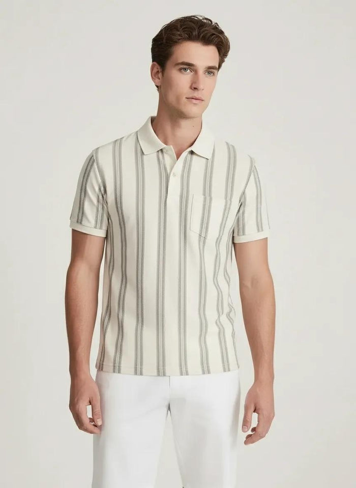 Men Sage Striped Polo Collar Pockets T-shirt