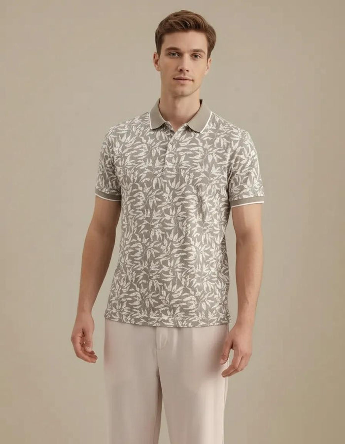 Men Sand Floral Printed Polo Collar Tropical T-shirt