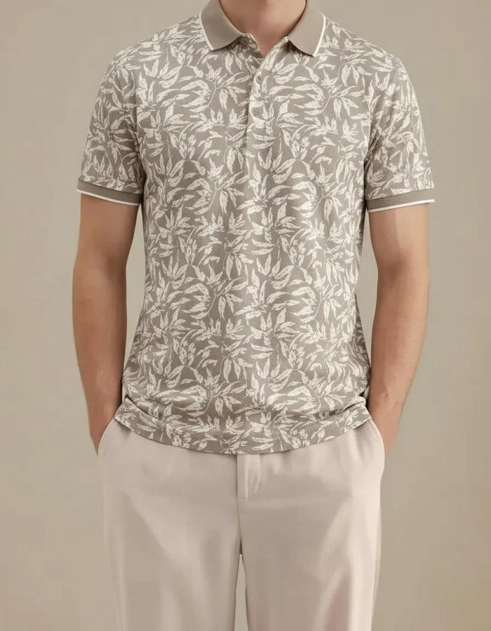 Men Sand Floral Printed Polo Collar Tropical T-shirt