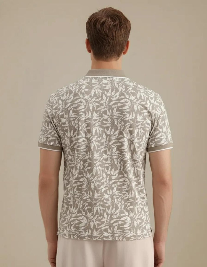 Men Sand Floral Printed Polo Collar Tropical T-shirt