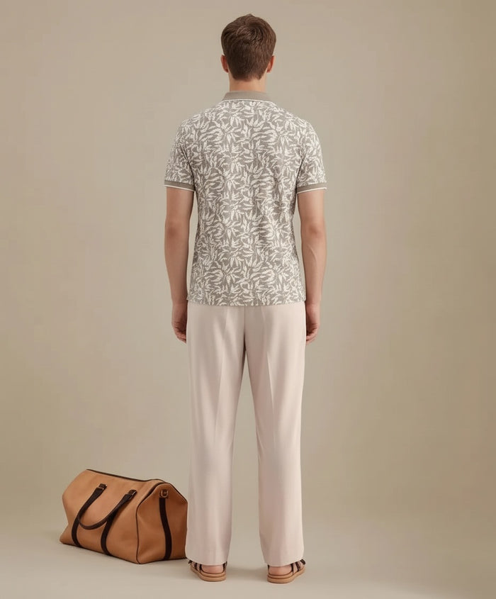 Men Sand Floral Printed Polo Collar Tropical T-shirt