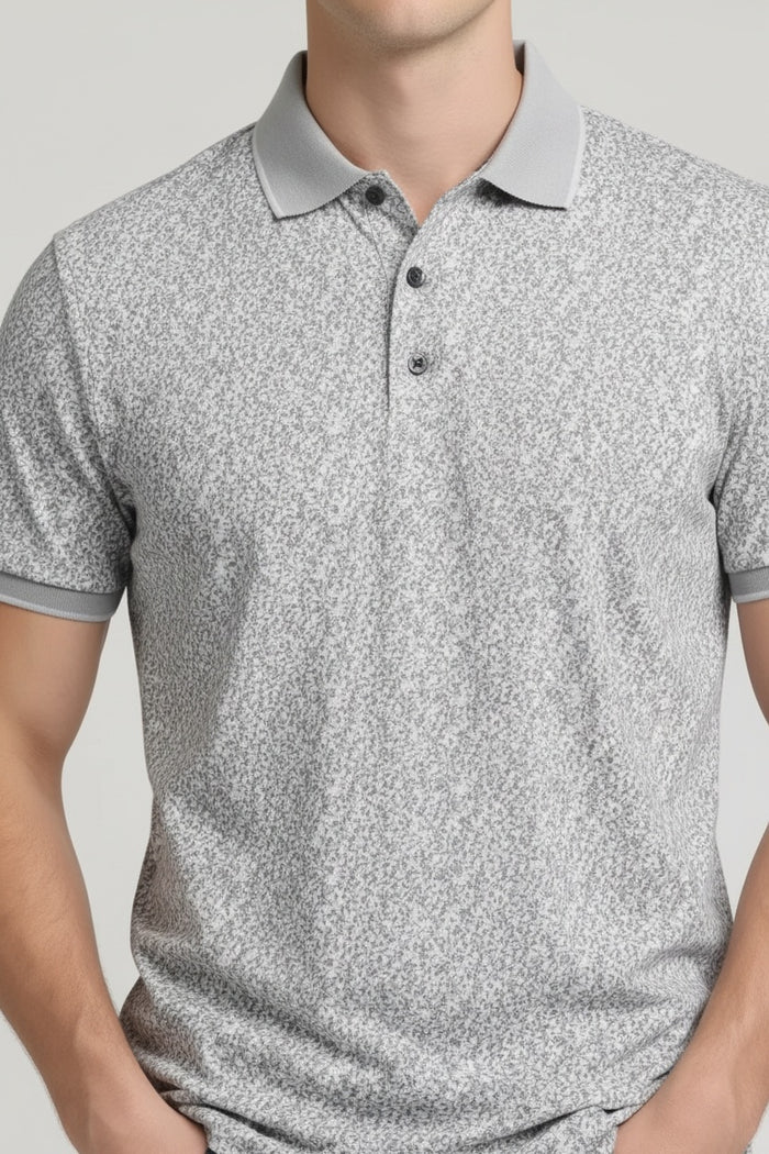 Men Silver Printed Polo Collar T-shirt