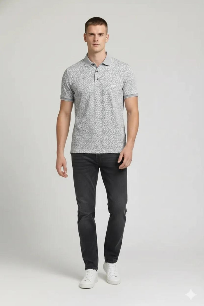 Men Silver Printed Polo Collar T-shirt