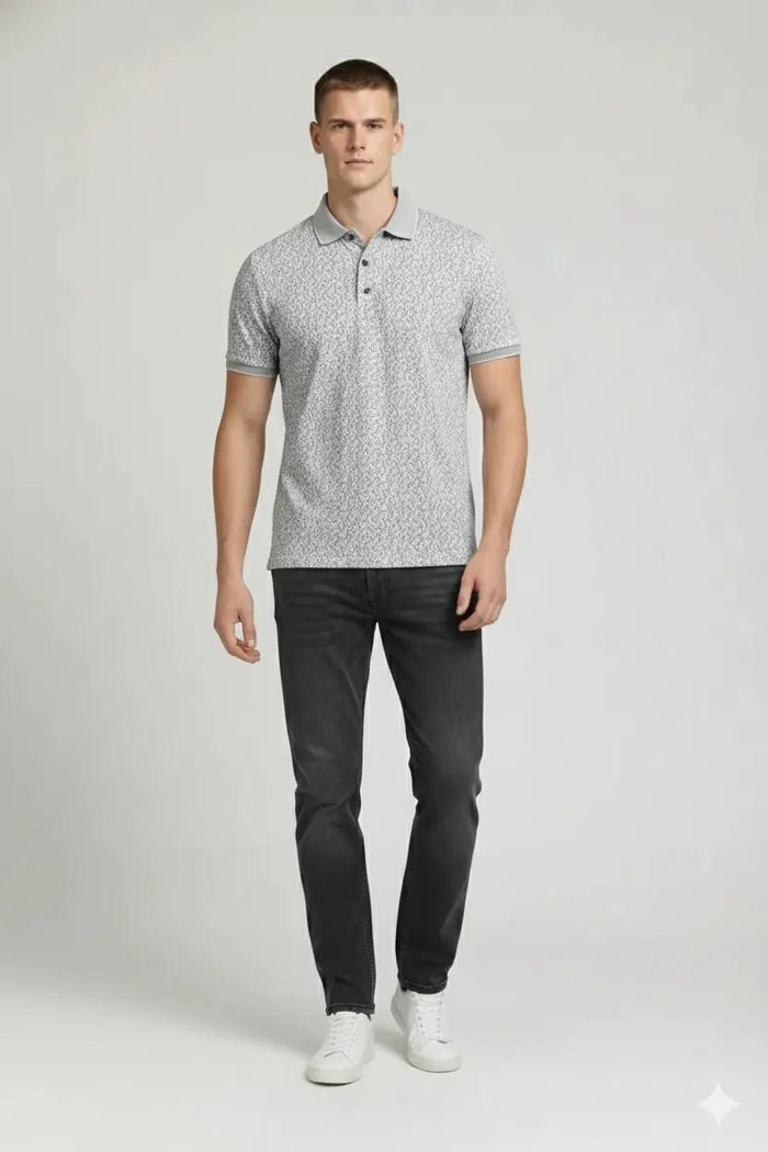 Men Silver Printed Polo Collar T-shirt