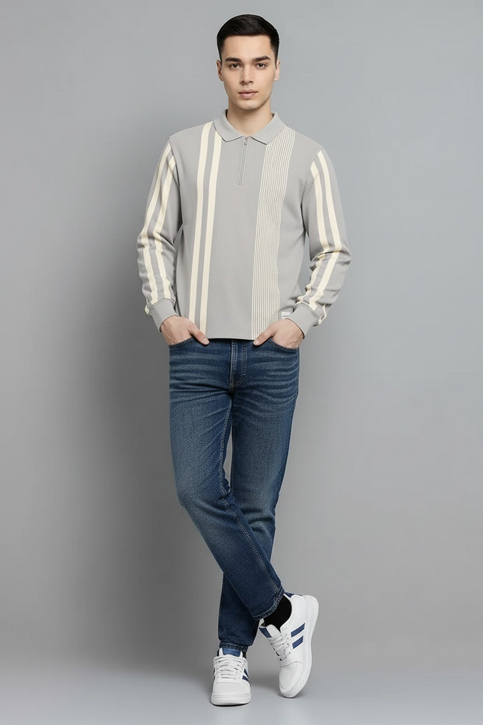 Men Silver Striped Polo Collar T-shirt