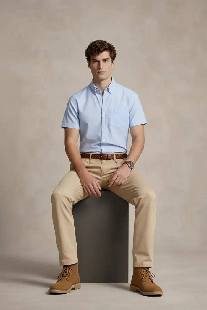 Men Sky Blue Polo Neck Solid Casual Shirt