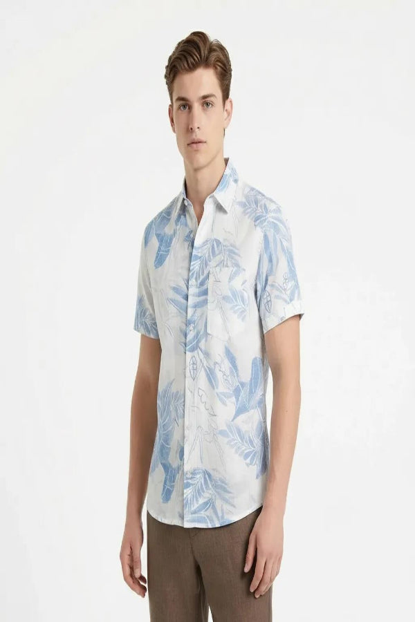 Men Sky Floral Printed Polo Collar Shirt