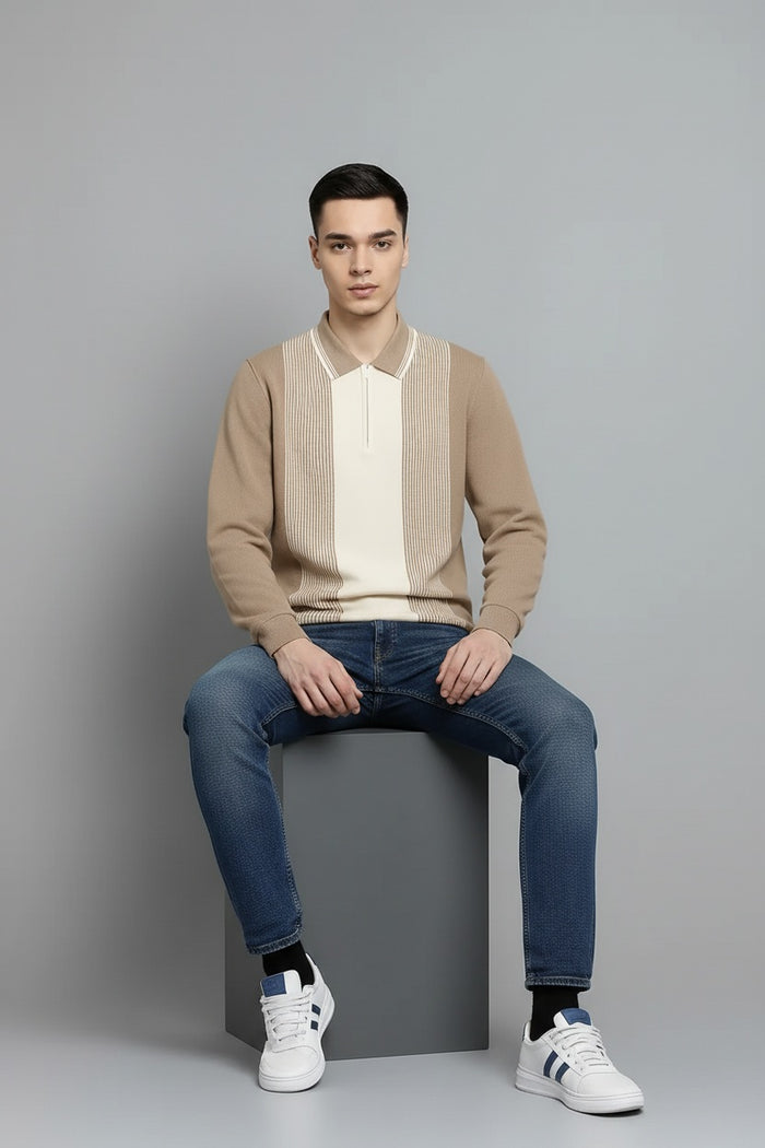 Men Stone Colourblocked Polo Collar T-shirt