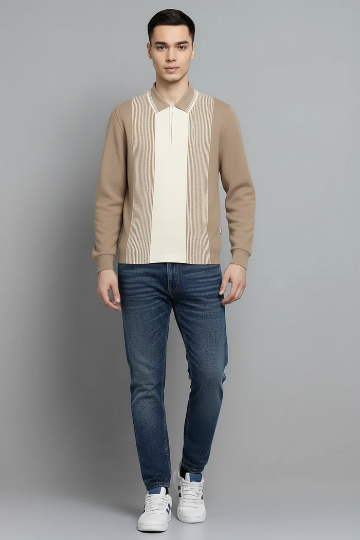 Men Stone Colourblocked Polo Collar T-shirt