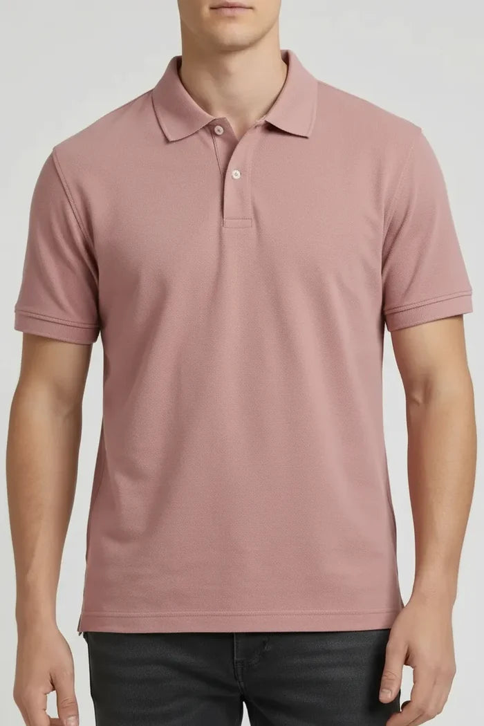 Men Suede Pink Polo Collar T-shirt