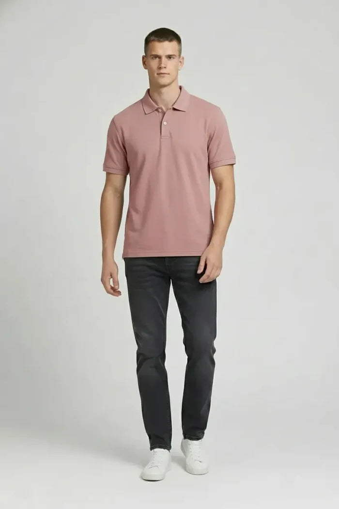 Men Suede Pink Polo Collar T-shirt